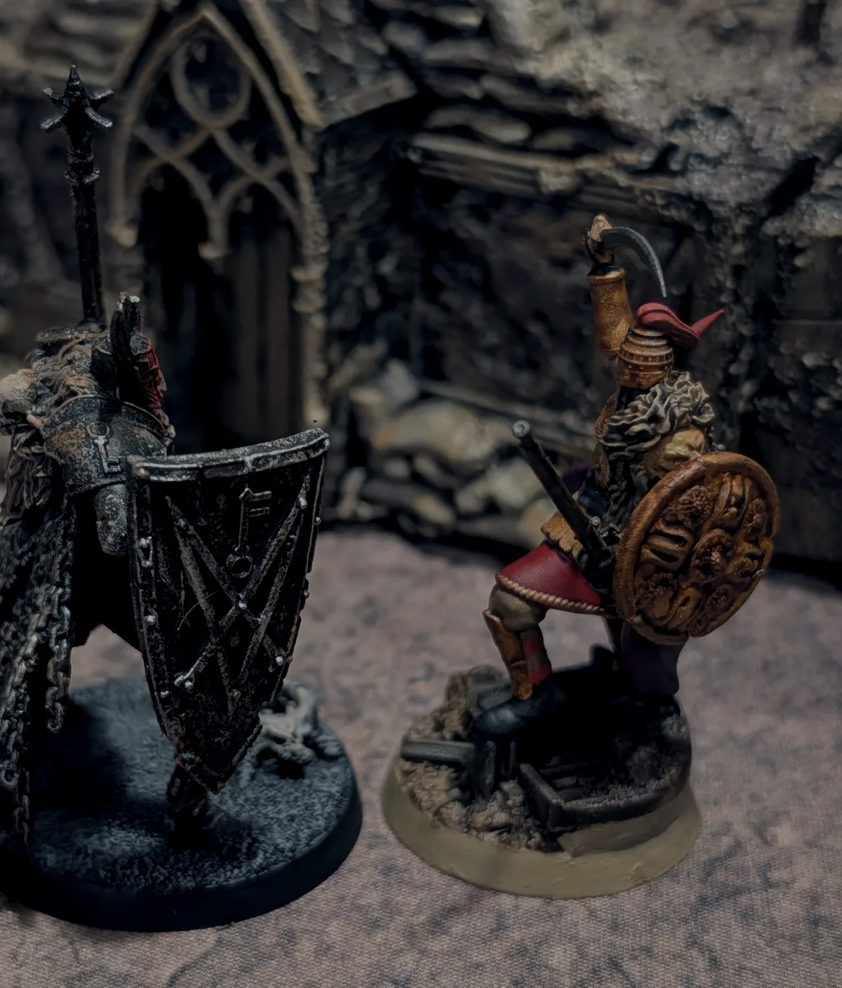 Two duellists facing each other across a ruined nave